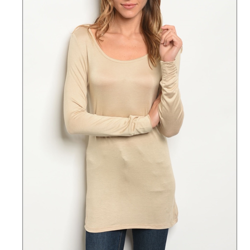 Beige khaki scoop neck long sleeve tunic t-shirt